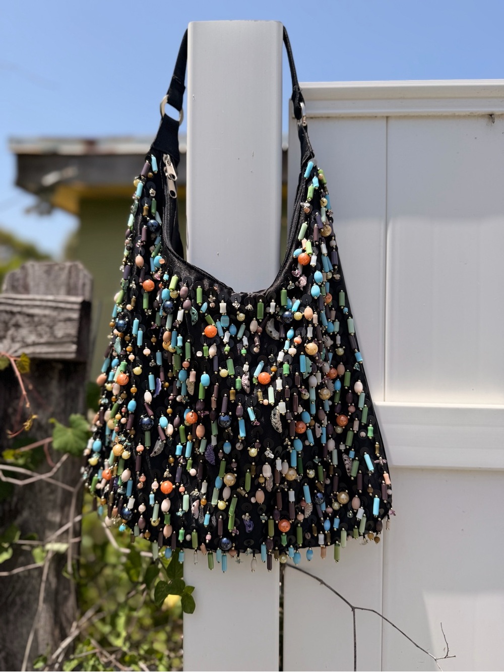 Black Embellished Beaded Boho Shoulder Bag with Multicolor Accents